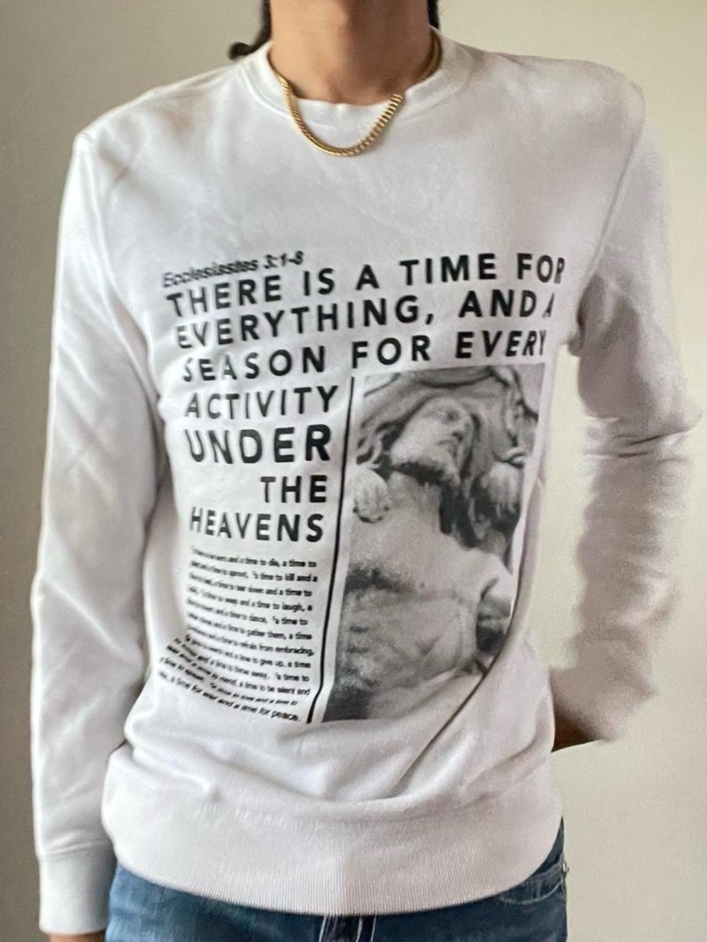 Forever 21 White Graphic Crewneck Sweater with Black Print
